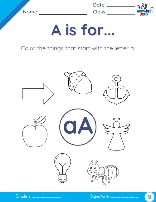 Color the things that start with the letter a.