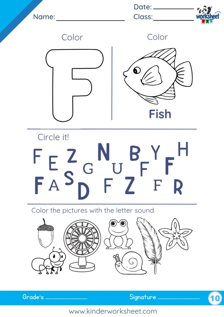 Color the pictures with the letter sound E.