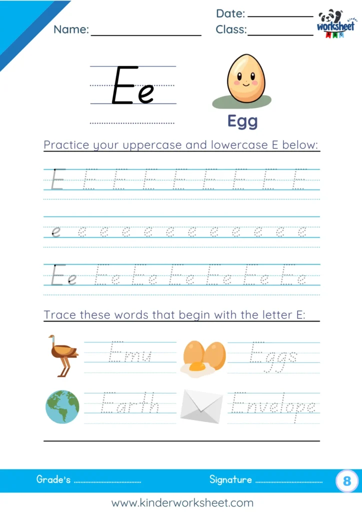 Practice your uppercase and lowercase E below.