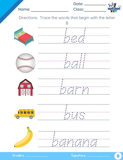 Trace the words that begin with the letter B.