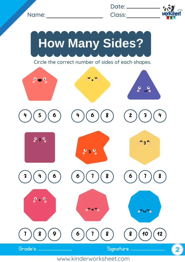 Circle the correct number of sides of each shapes.