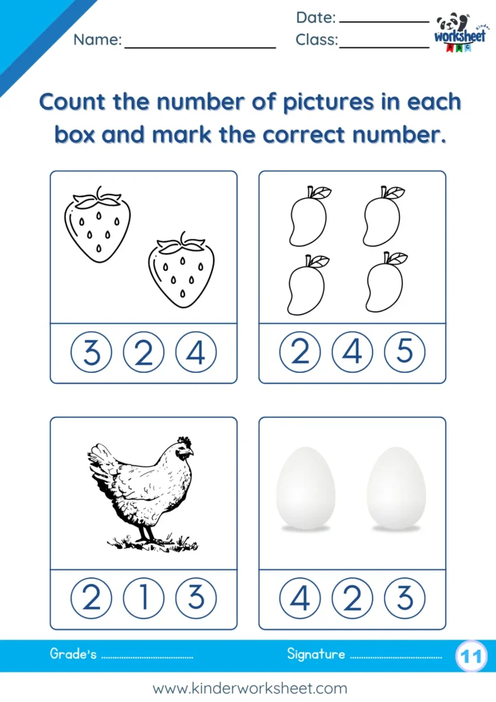 Count the number of pictures in each box and mark the correct number.
